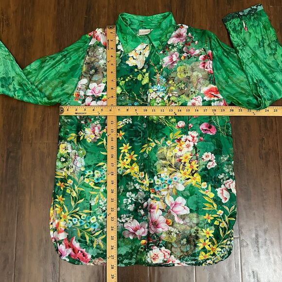 CIENNA Floral Shirt Green Button Up Roll Tab Sleeve Satin Silk Boho - Picture 11 of 12